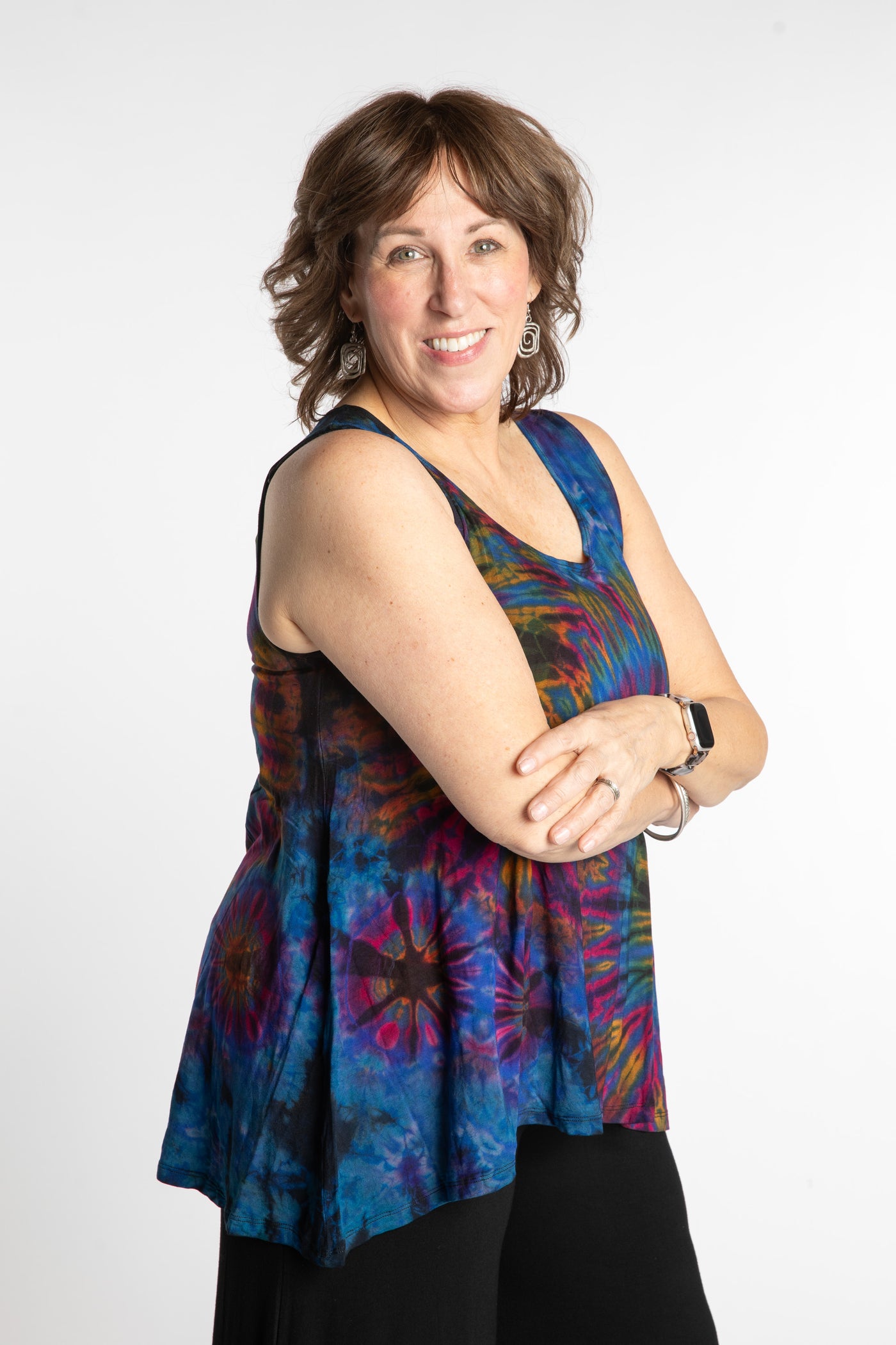 Betty is wearing the Navy Ahana Tie Dye Tank Top