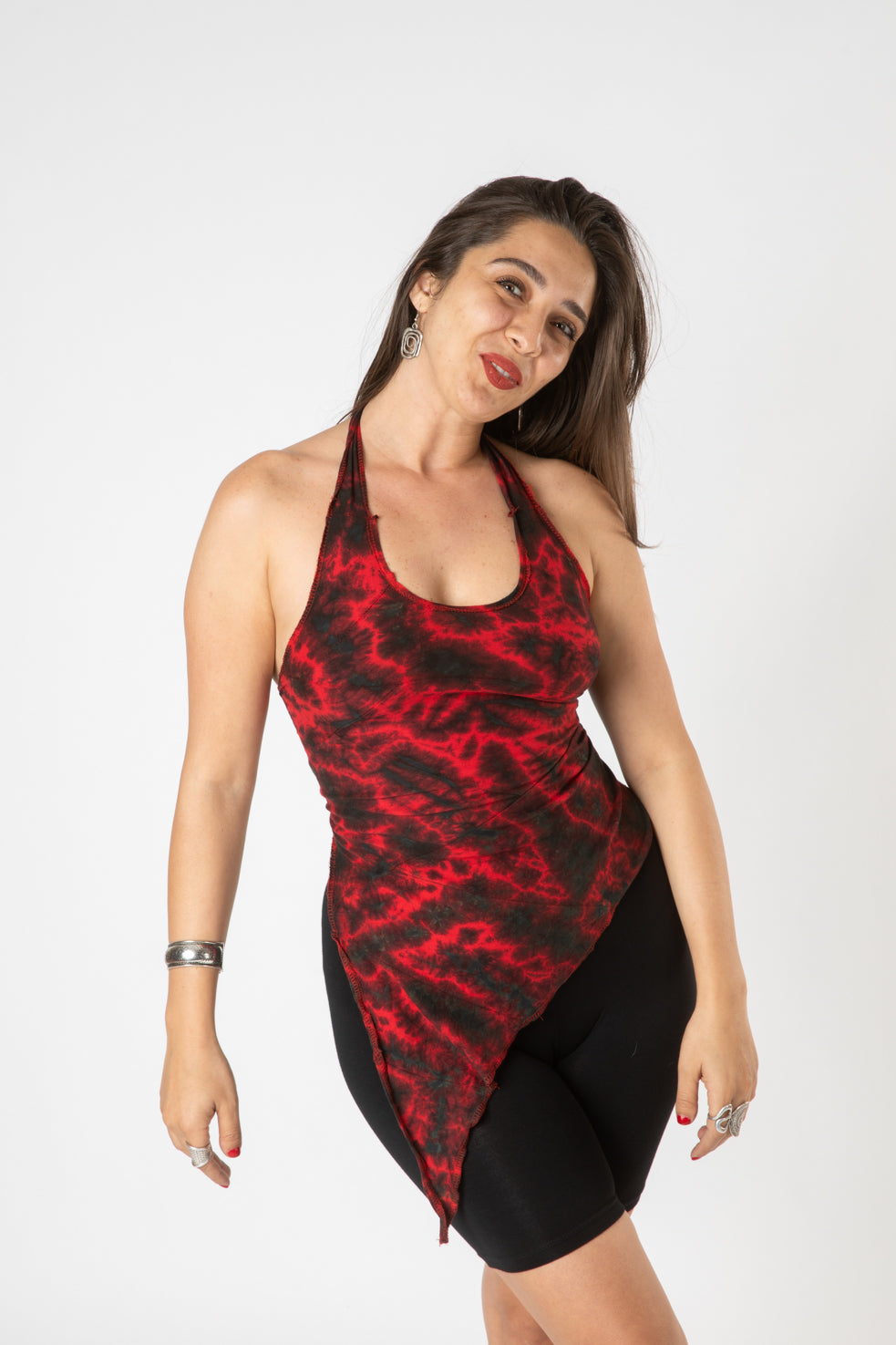 Gabrielle is wearing a tie dye wrap top in red