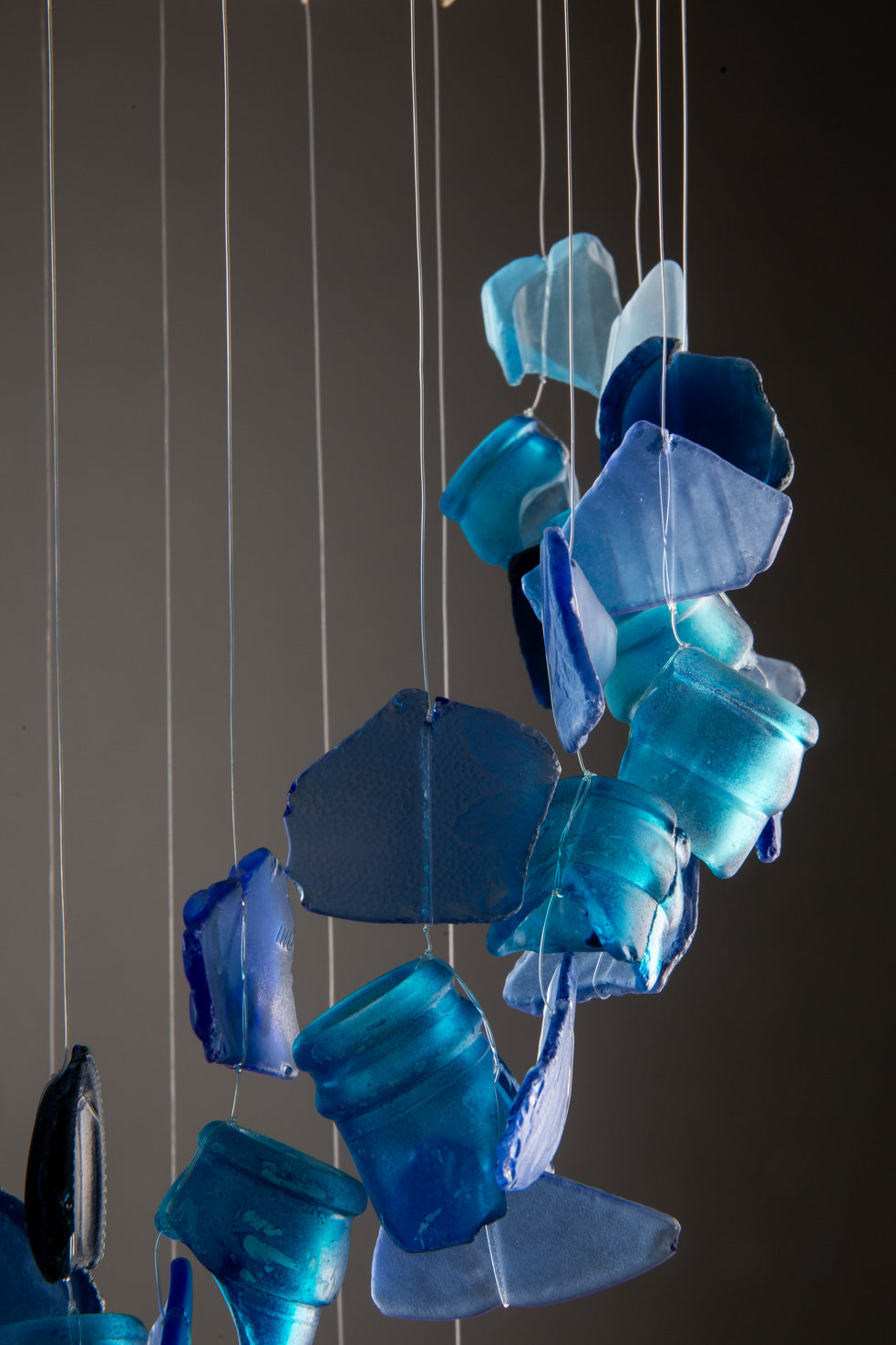 Spiral sea glass wind chime in blue