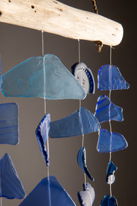 Driftwood sea glass wind chime in blue