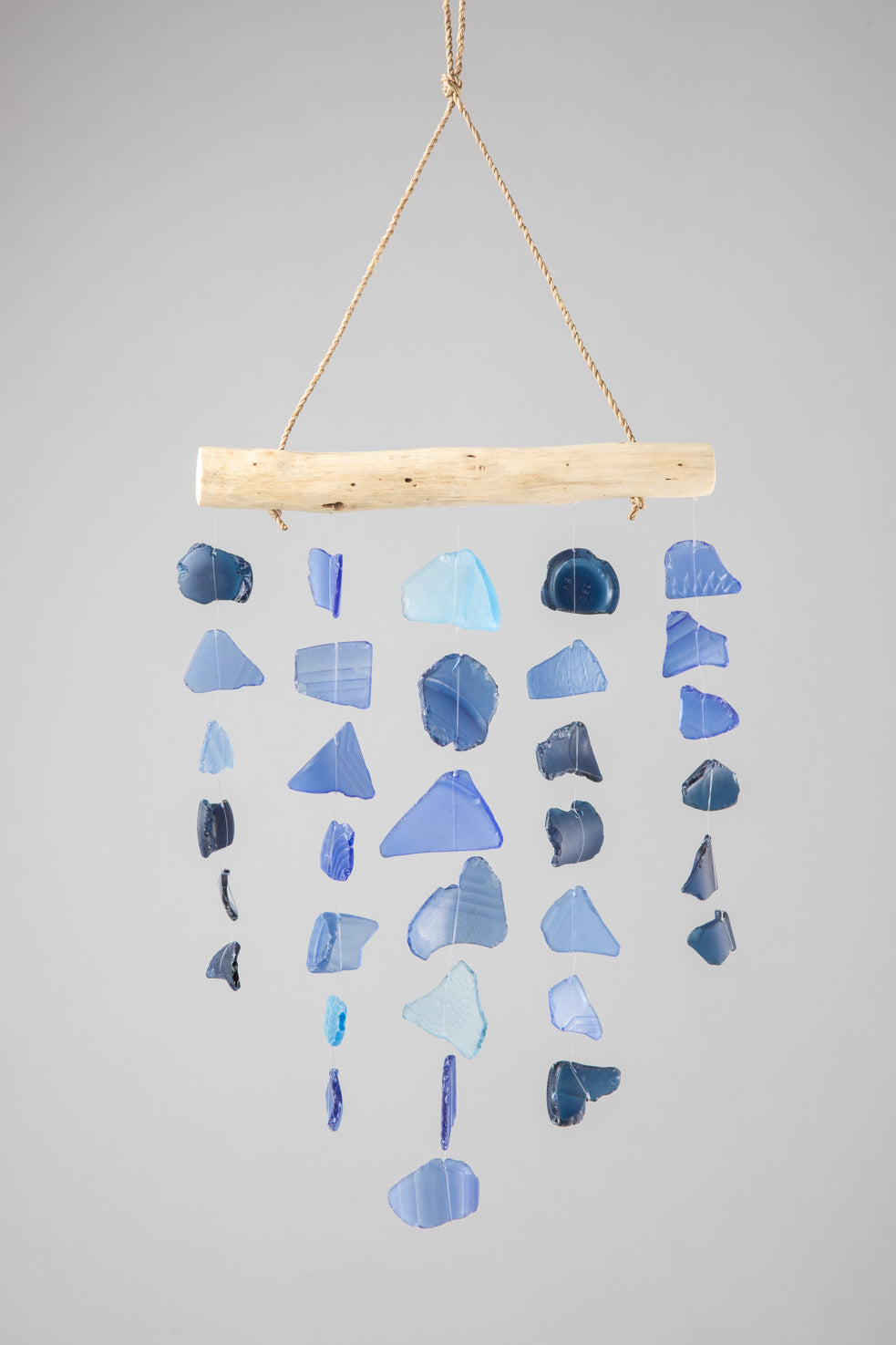 Driftwood sea glass wind chime in blue