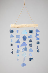 Driftwood sea glass wind chime in blue