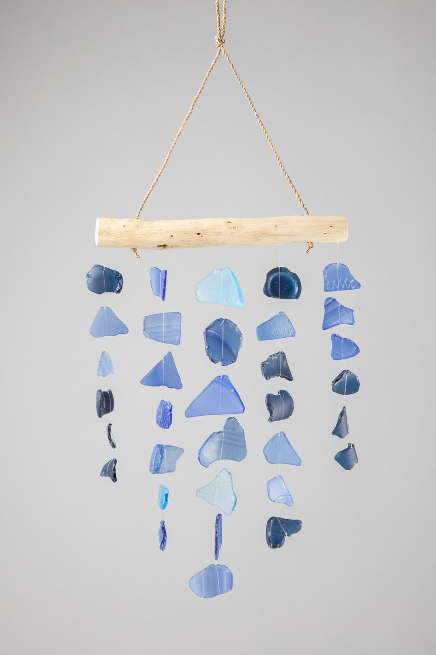 Driftwood sea glass wind chime in blue