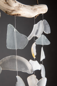 Driftwood sea glass wind chime in white
