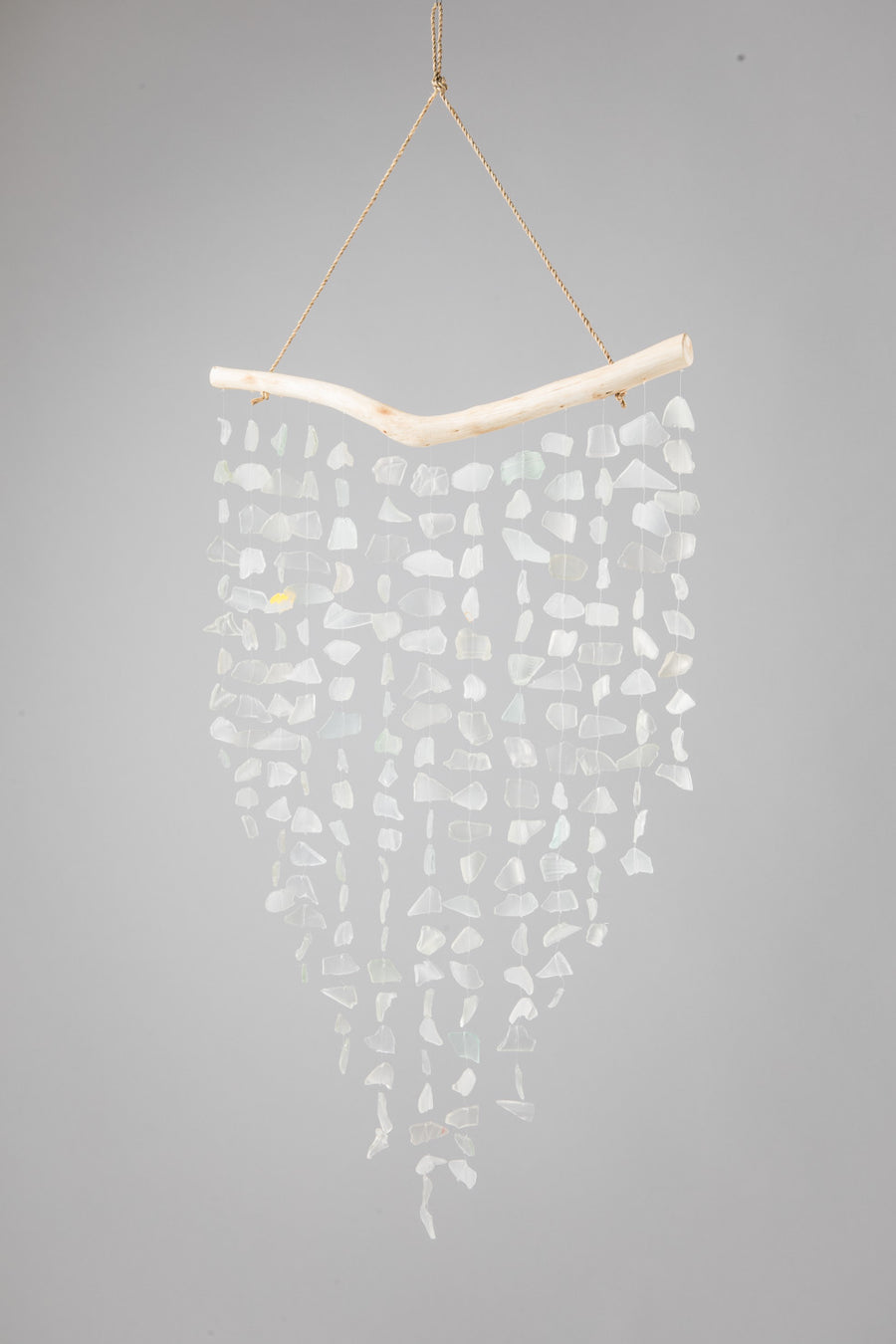 Driftwood sea glass wind chime in white