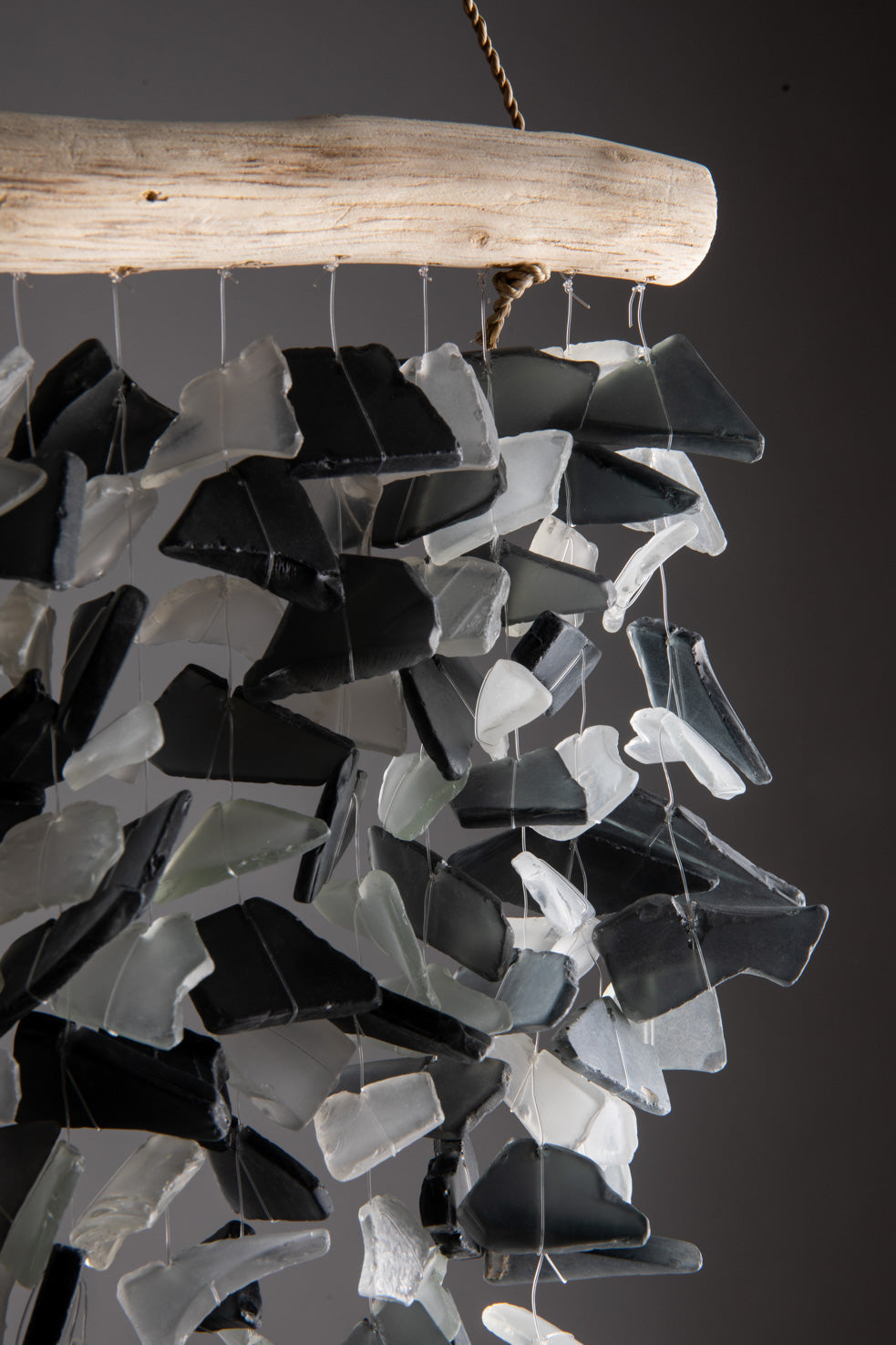 Driftwood sea glass wind chime in black and white