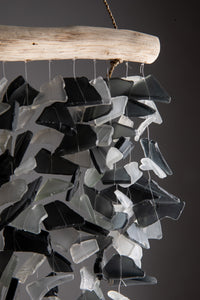 Driftwood sea glass wind chime in black and white