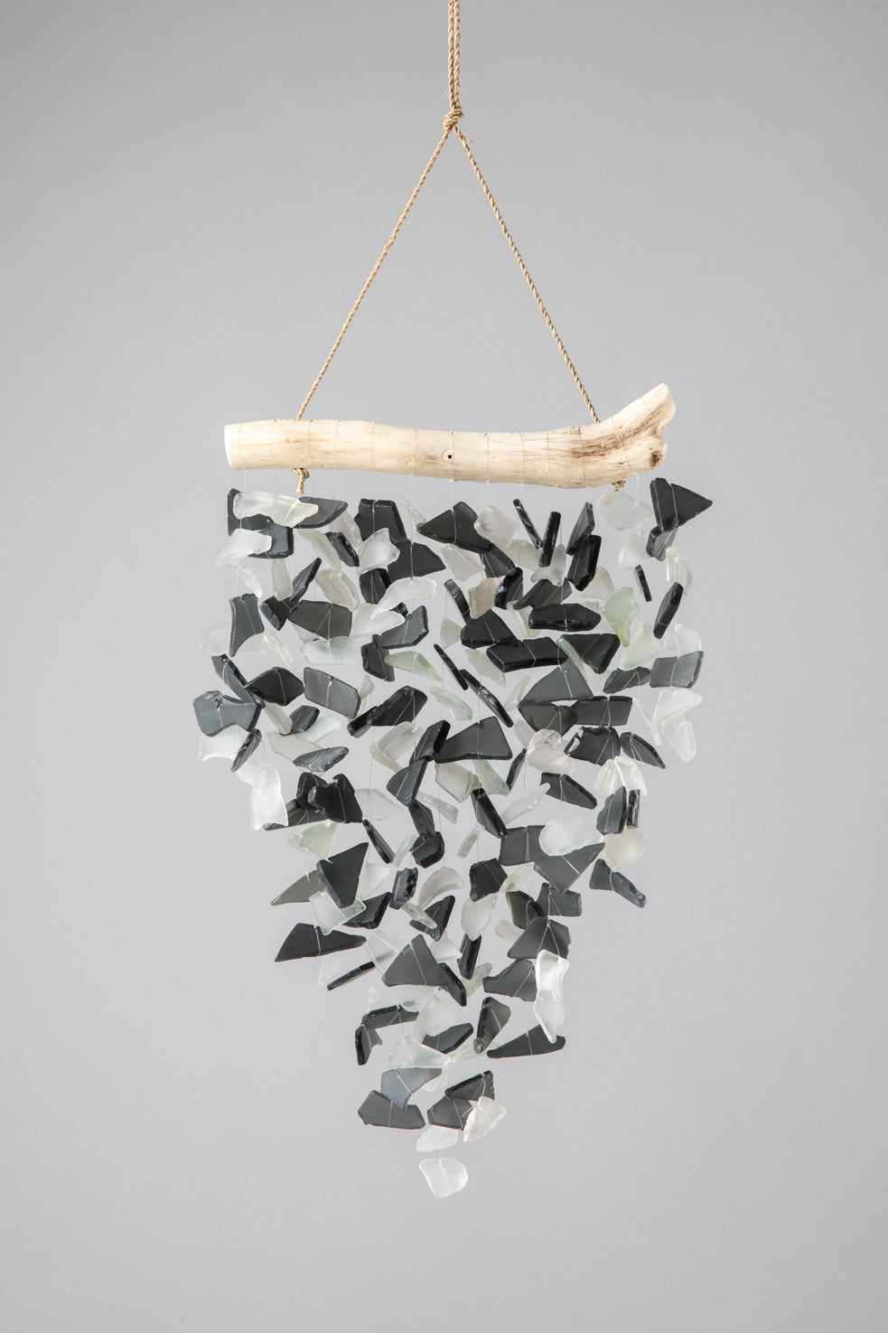 Driftwood sea glass wind chime in black and white