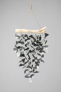 Driftwood sea glass wind chime in black and white