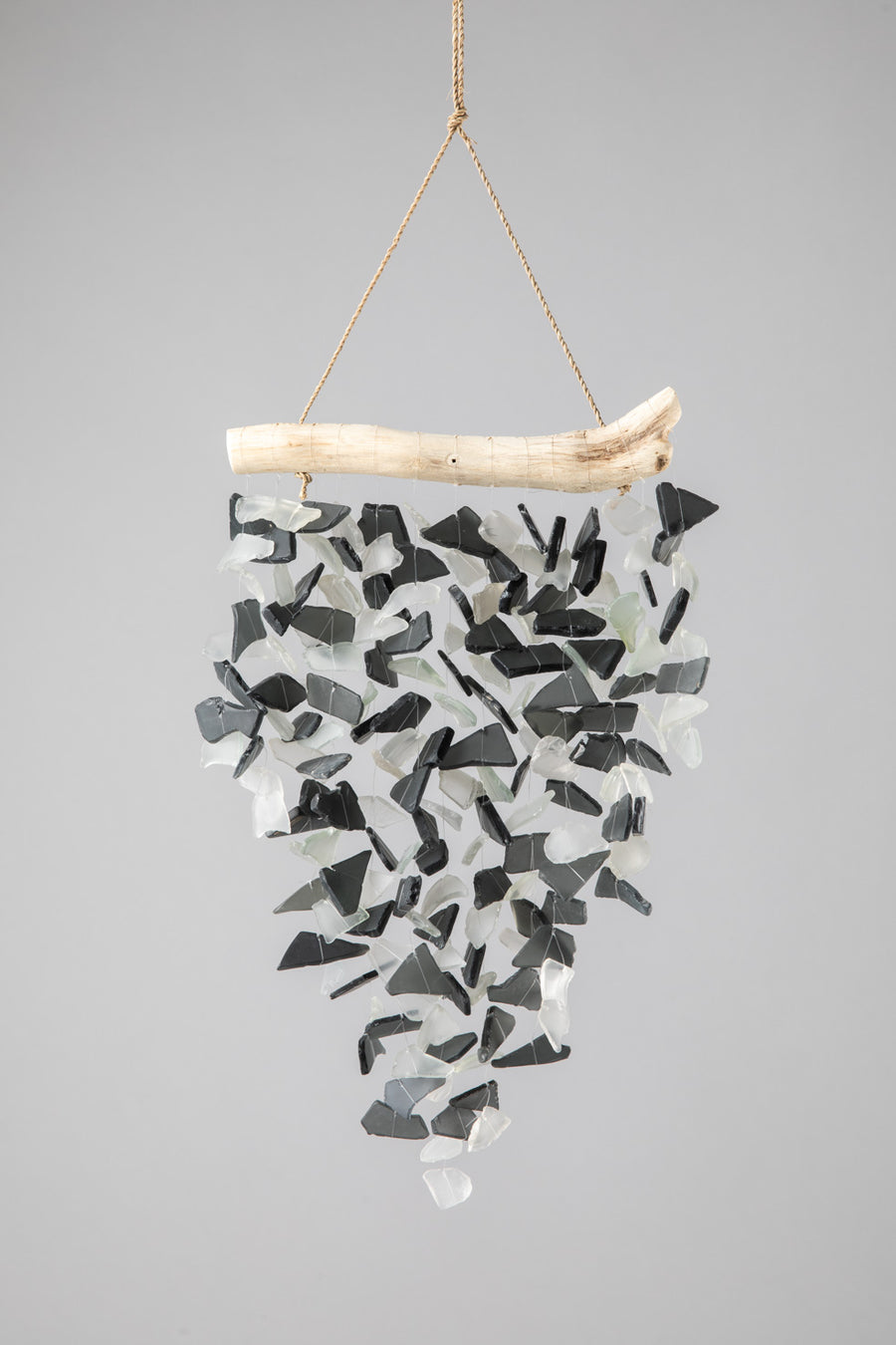 Driftwood sea glass wind chime in black and white