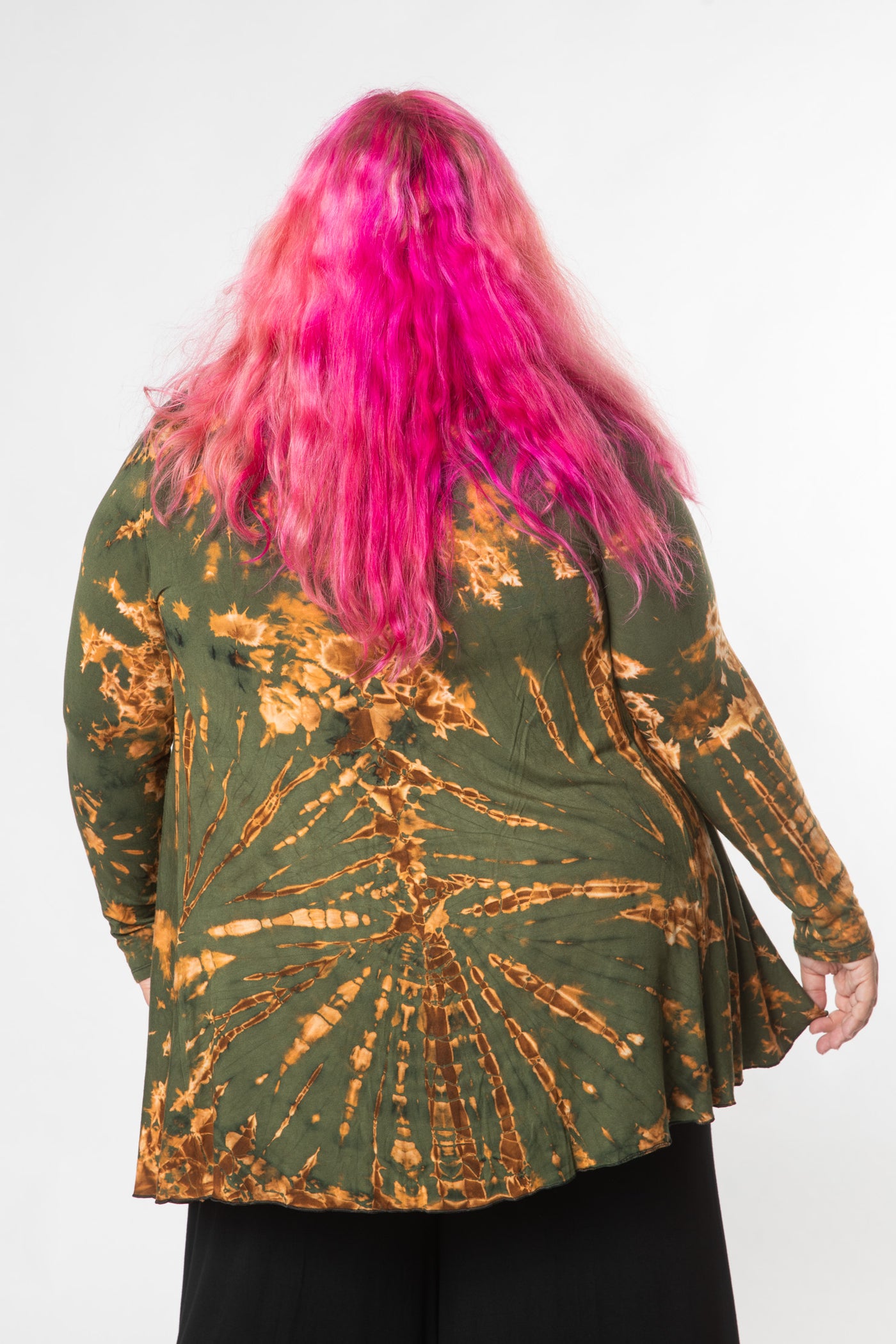 Angel is wearing tie dye cardigan in green