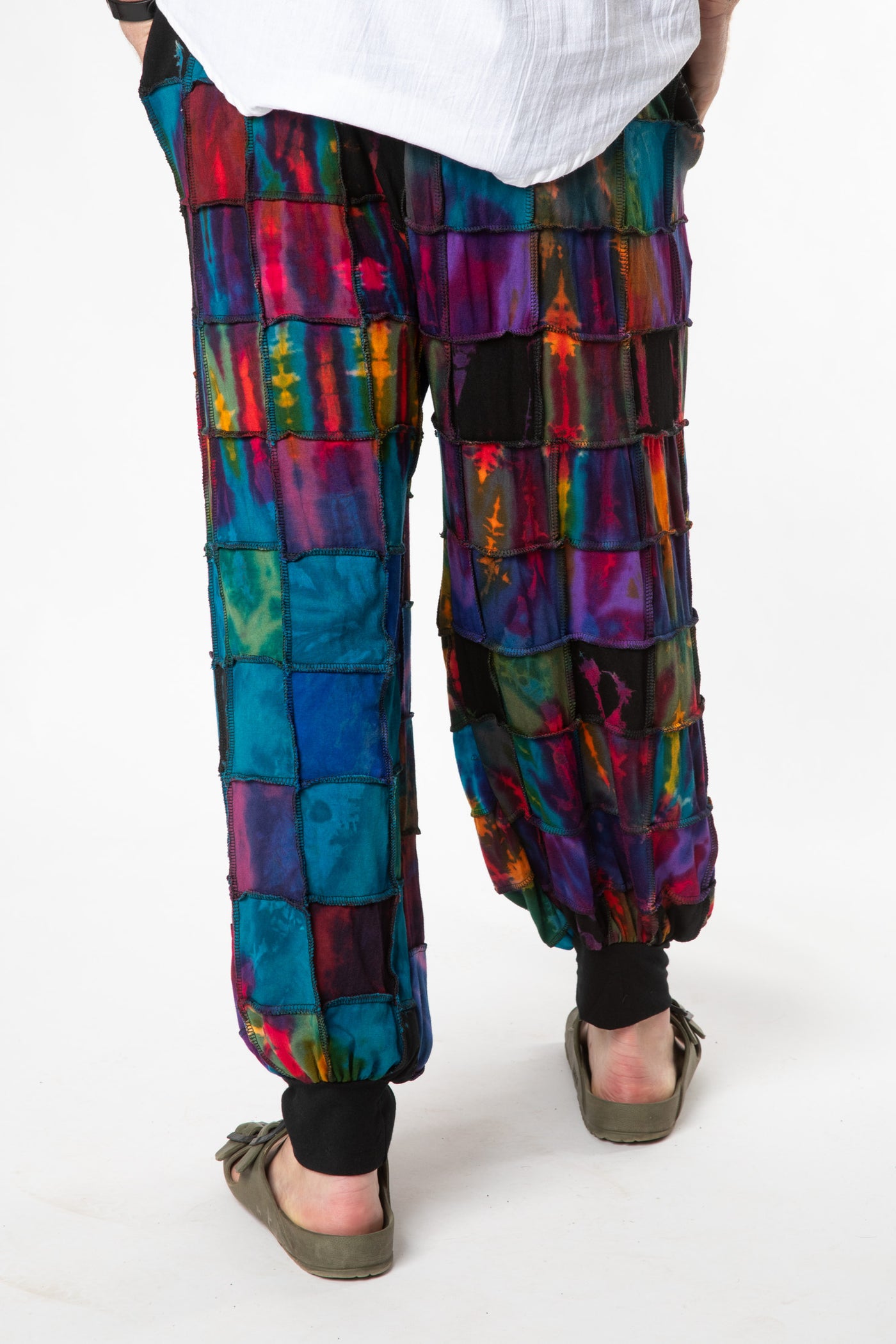 Chauncey is wearing size M/L patchwork tie dye harem pants