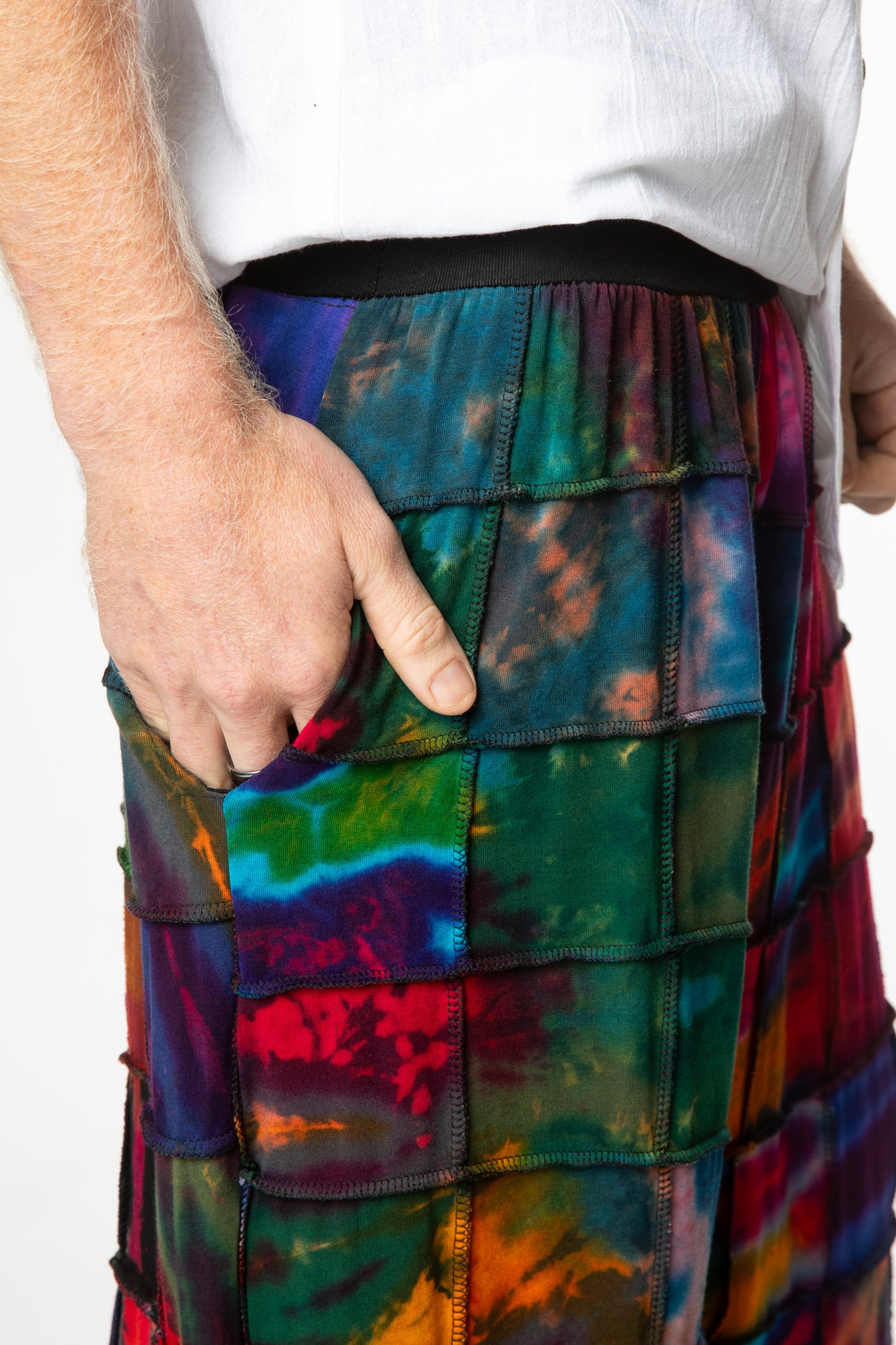 Chauncey is wearing size M/L patchwork tie dye harem pants