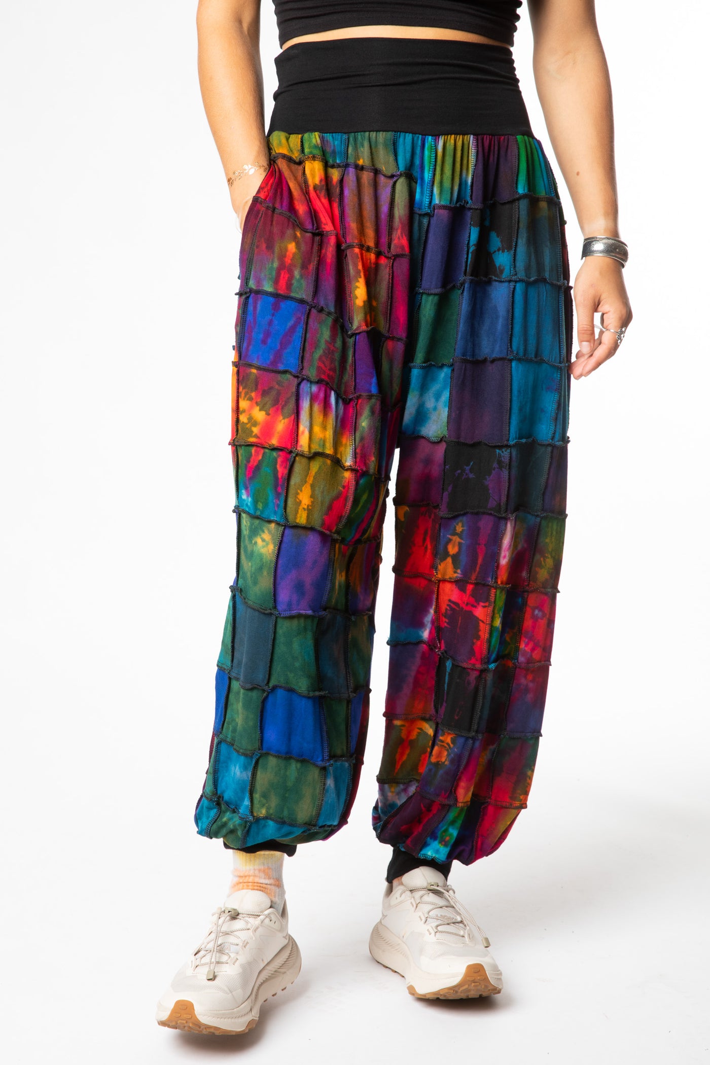 Sophie is wearing size S/M patchwork tie dye harem pants