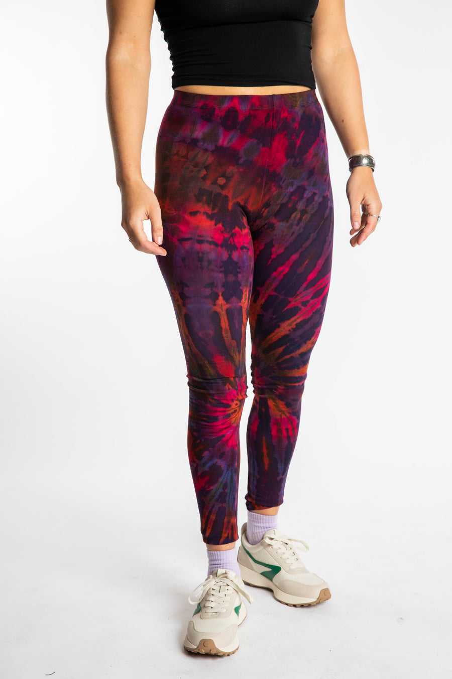 Sophie is wearing the size S/M Purple Eggplant Tie Dye Leggings