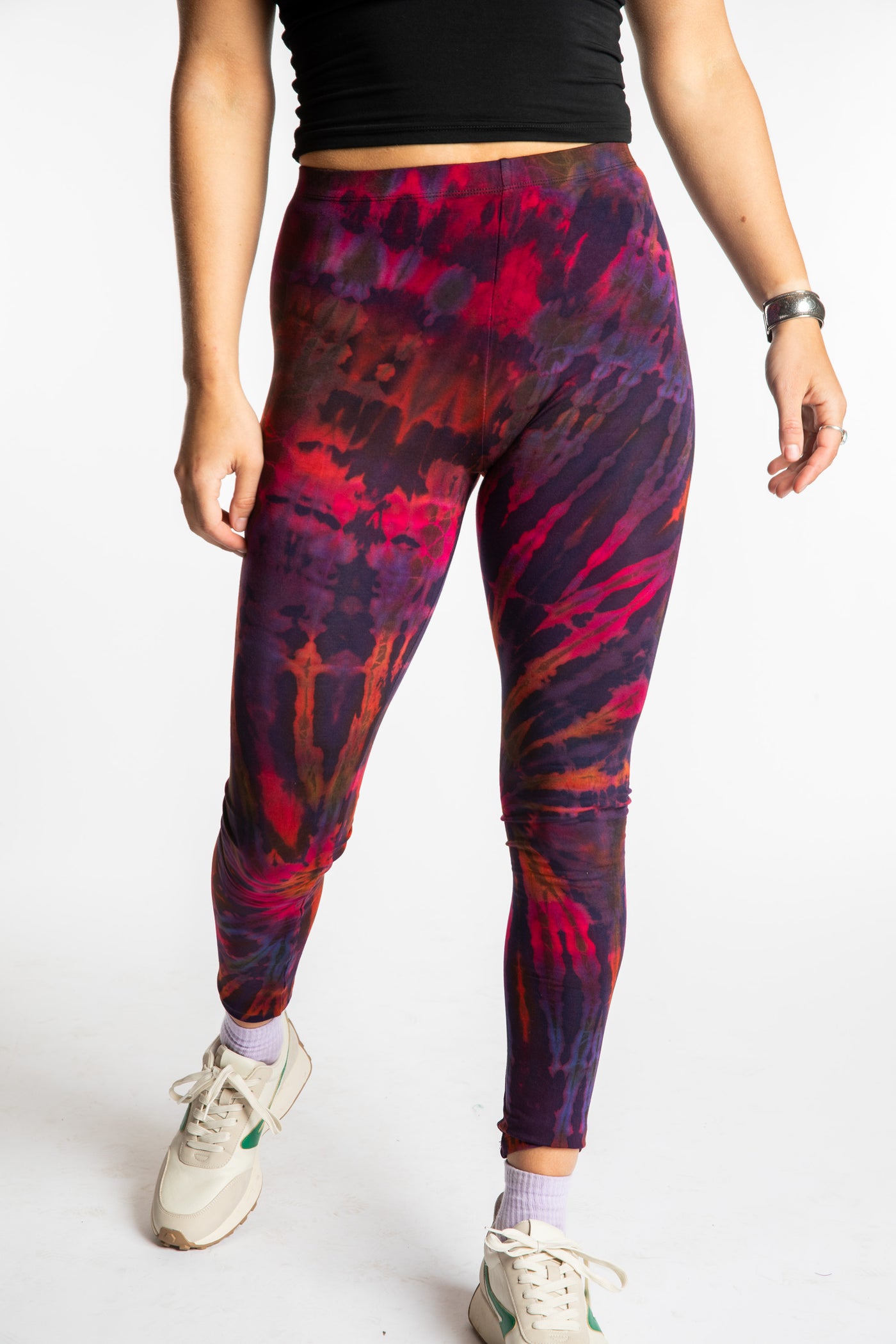 Sophie is wearing the size S/M Purple Eggplant Tie Dye Leggings