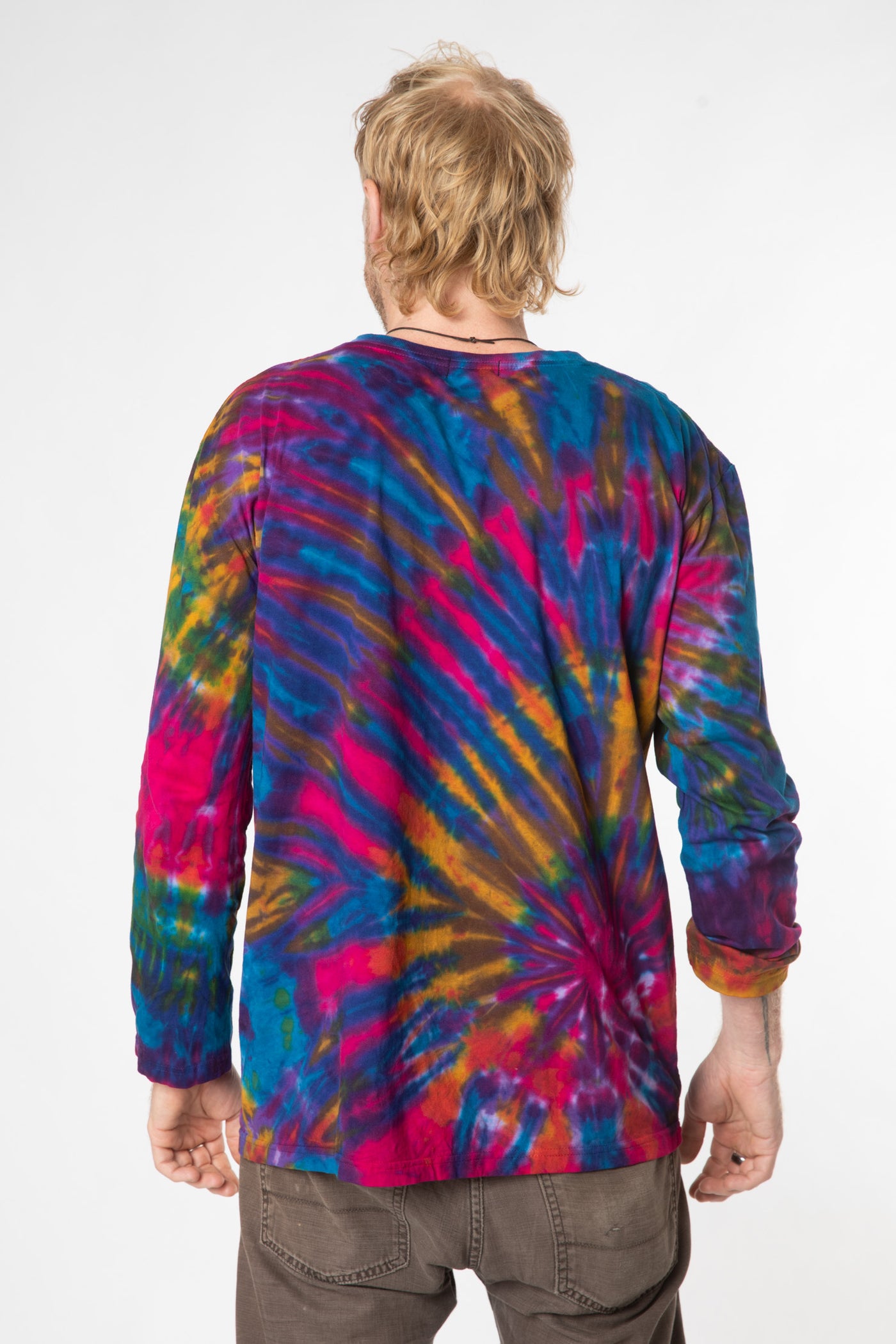 Chauncey is wearing size L long sleeve tie dye shirt in purple