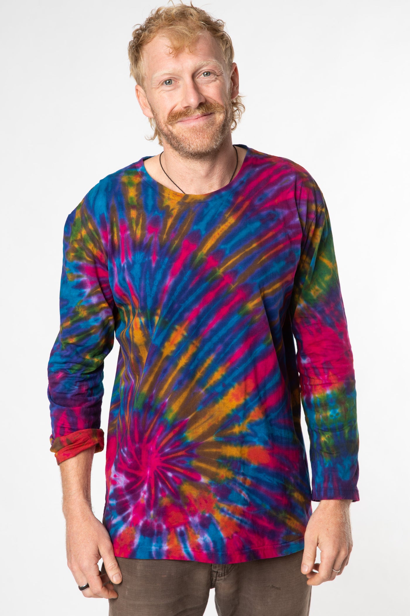 Chauncey is wearing size L long sleeve tie dye shirt in purple