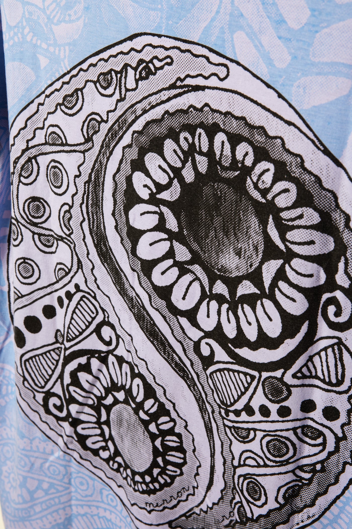 Lavender Yin Yang graphic, screen printed t-shirt detail of design