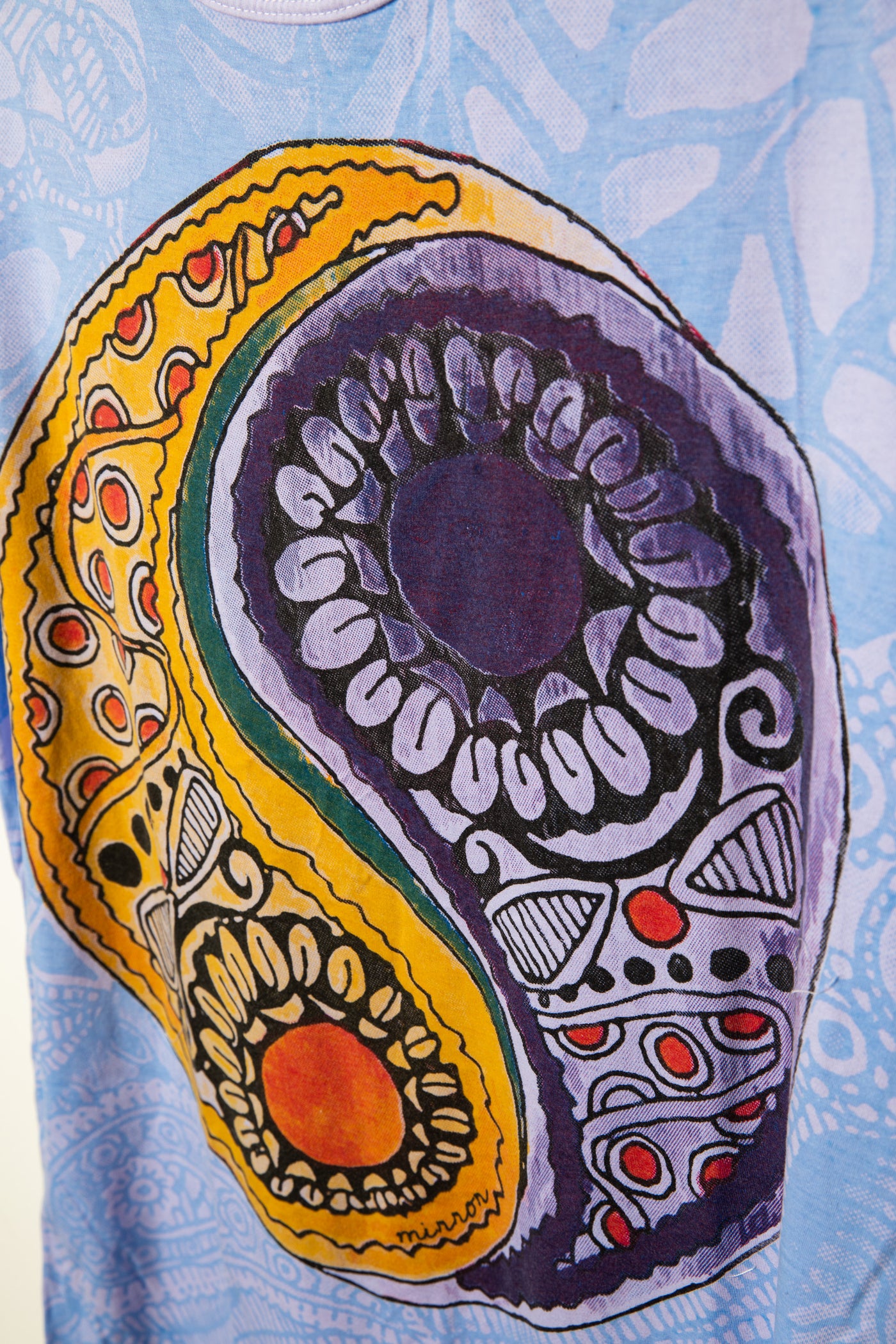 Lavender Yin Yang graphic, screen printed t-shirt detail of design
