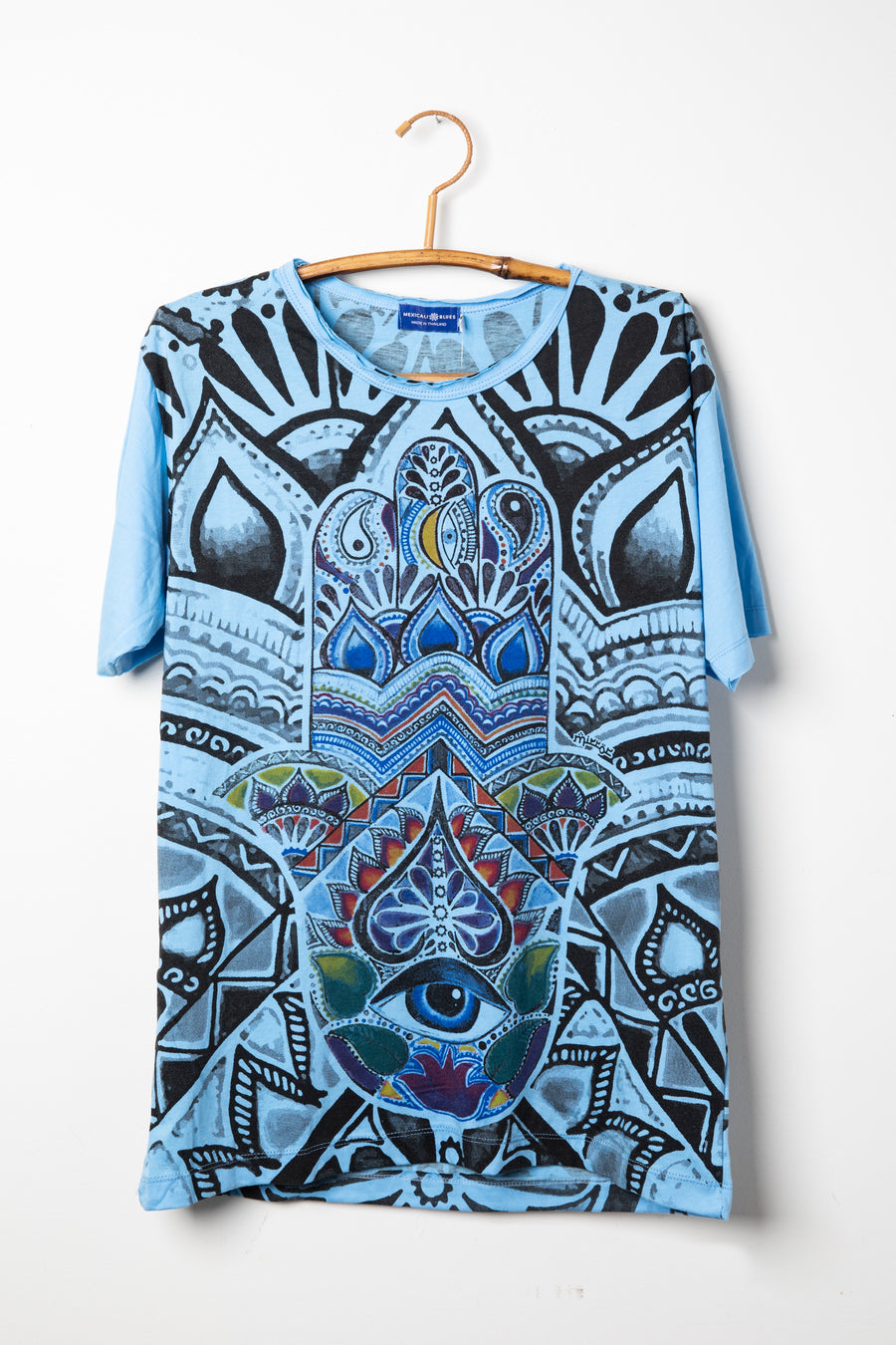 Light blue hamsa t-shirt with screen printed design