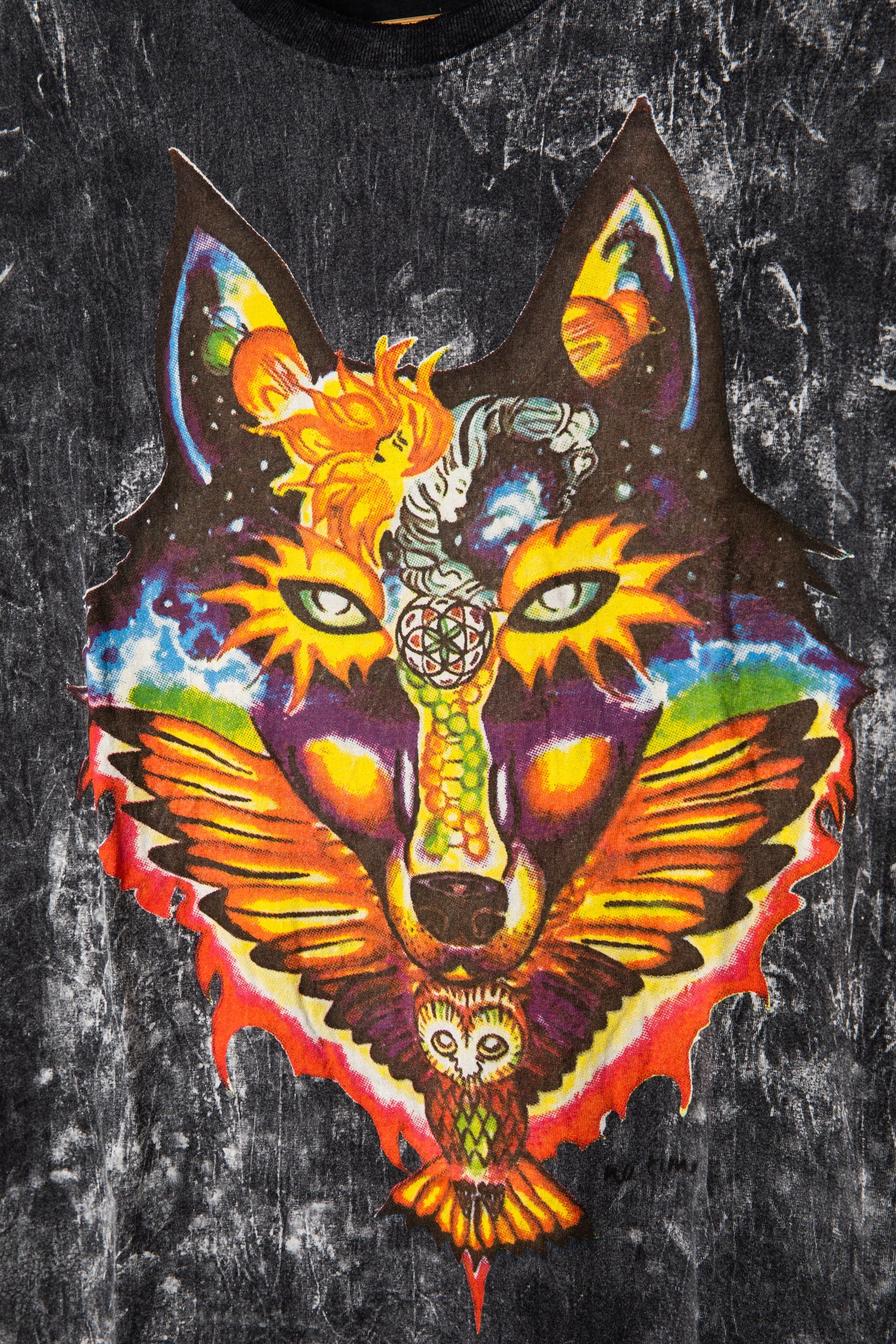 Black Cosmic Animal graphic screen printed t-shirt detail of design