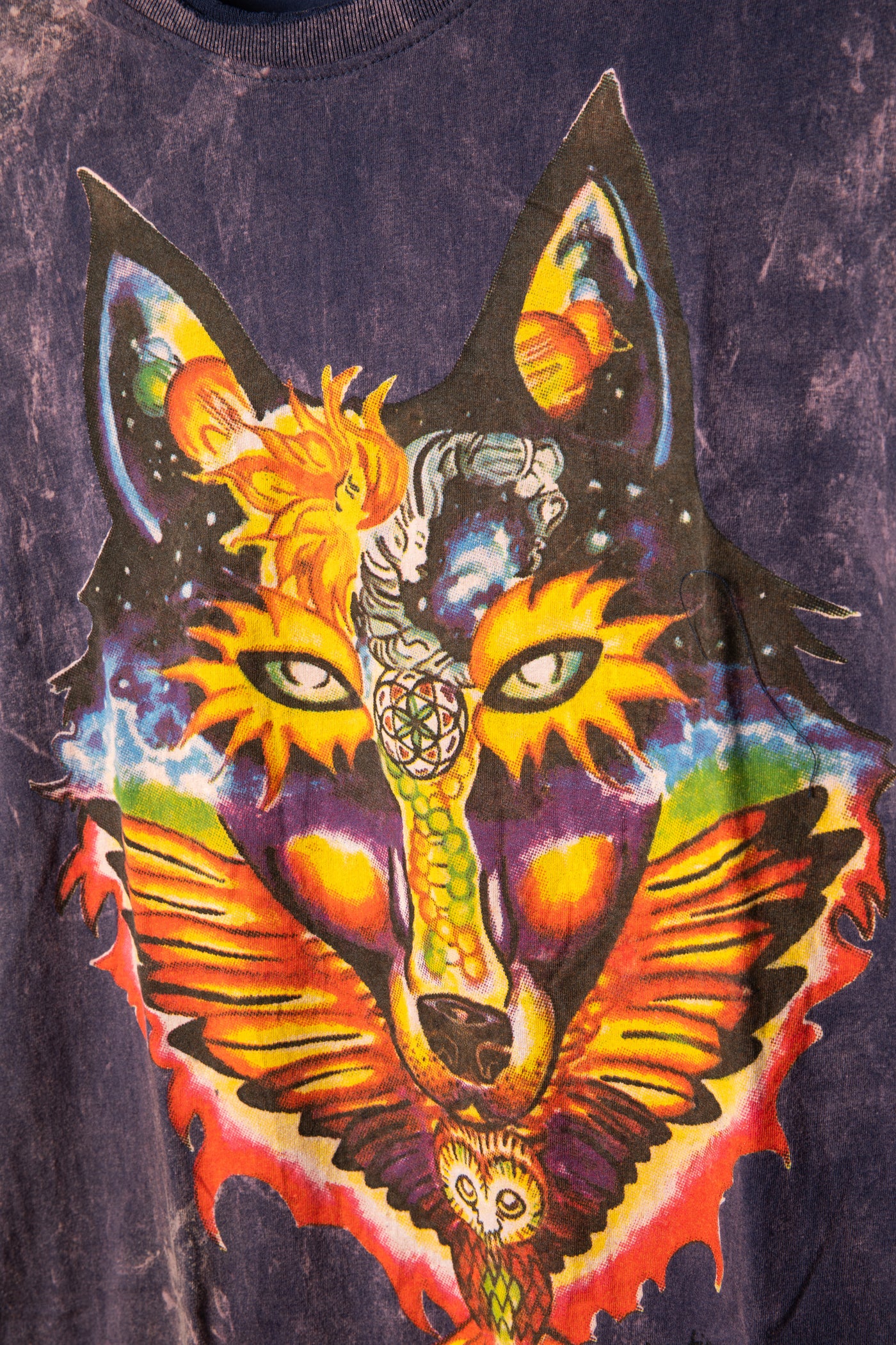 Purple Cosmic Animal graphic screen printed t-shirt detail of design