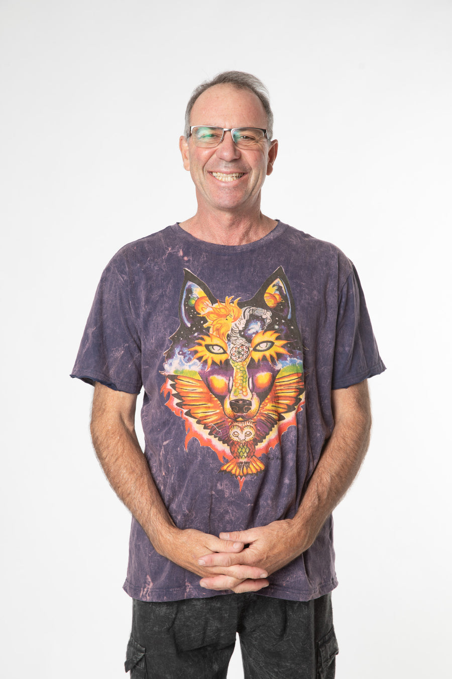 Ross is wearing size L cosmic t shirt in purple 