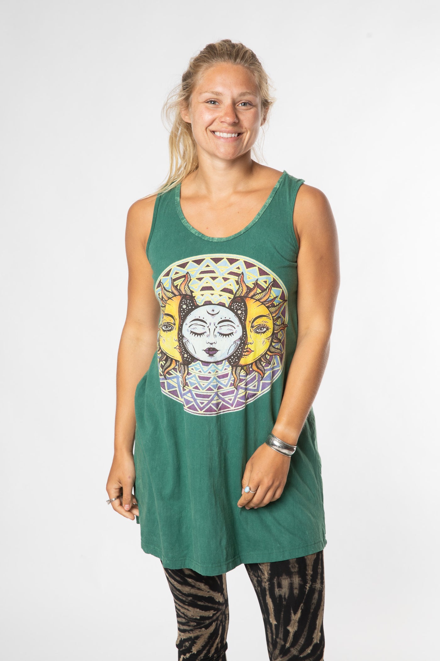 Sophie is wearing size M racerback sundress in green duality