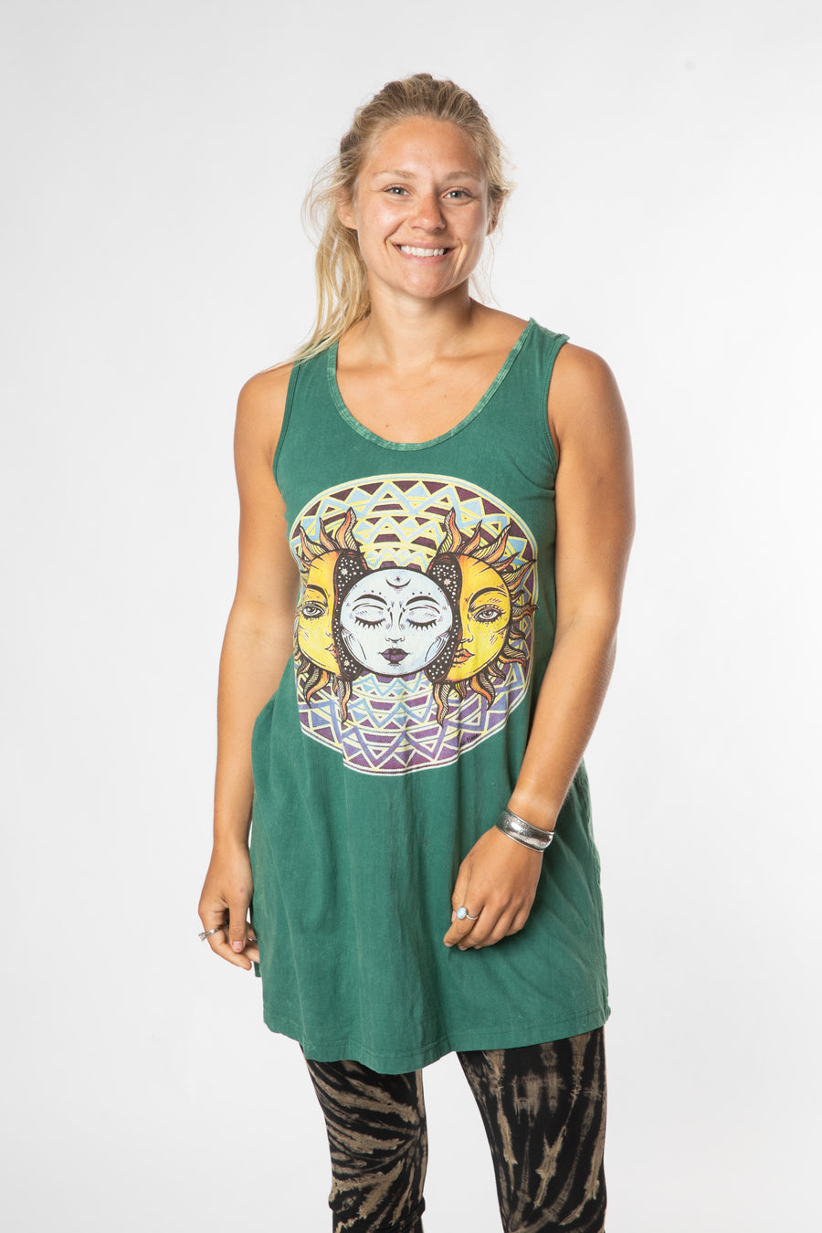 Sophie is wearing size M racerback sundress in green duality