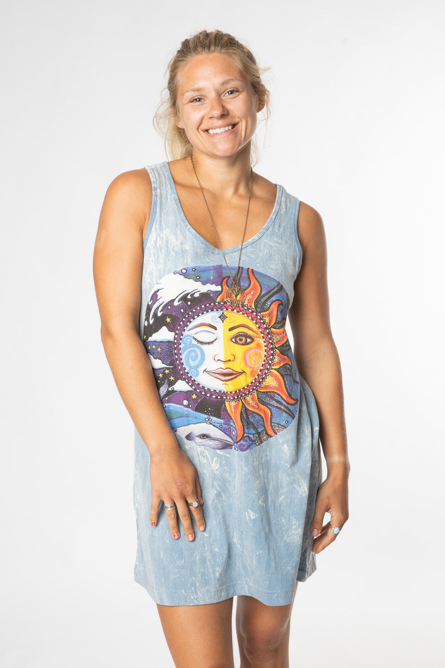 Sophie is wearing size M racerback sundress in slate equinox