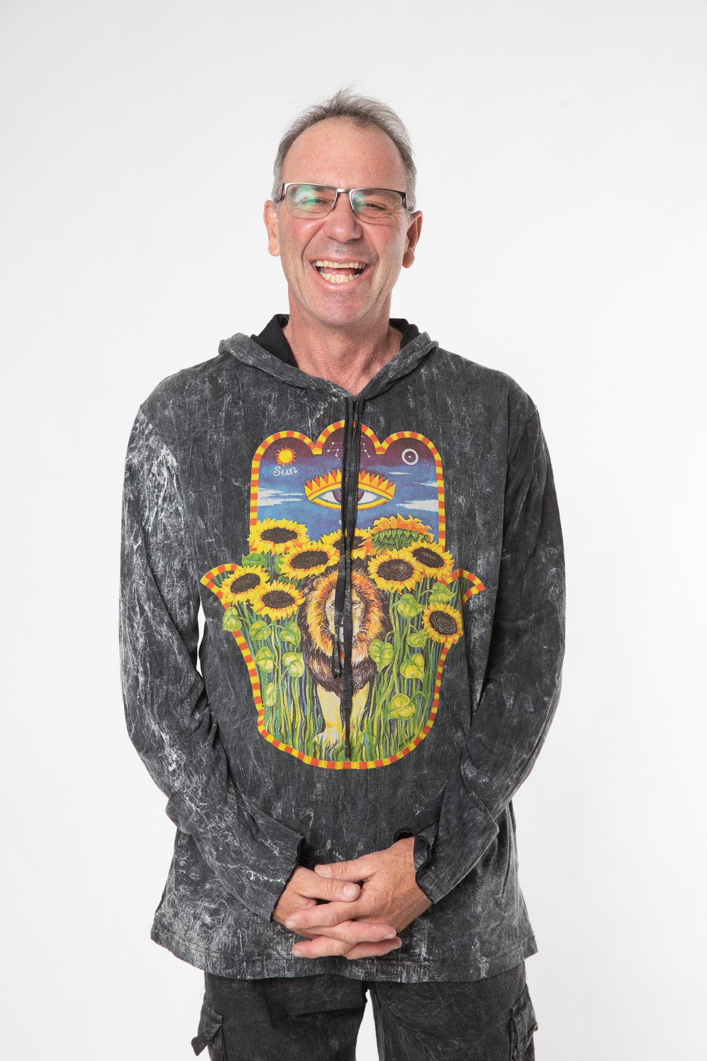 Ross is wearing size L black hamsa lightweight hoodie