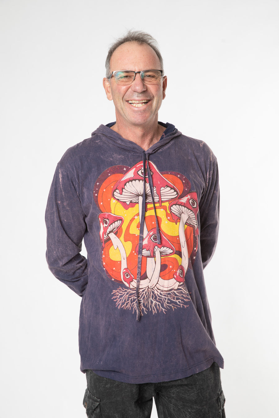Ross is wearing size L purple wonderland mushroom long sleeve shirt