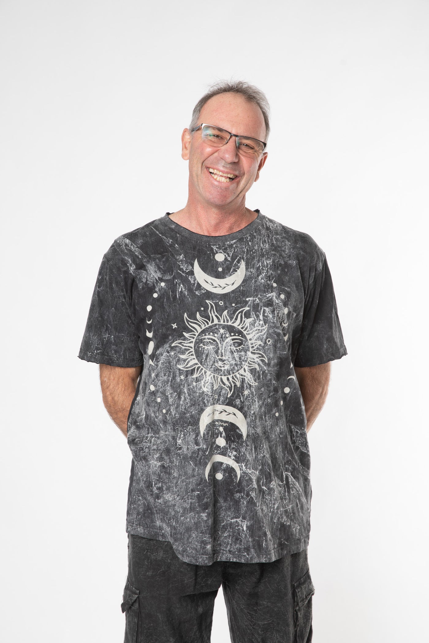 Ross is wearing size L lunar synchronicity t shirt 