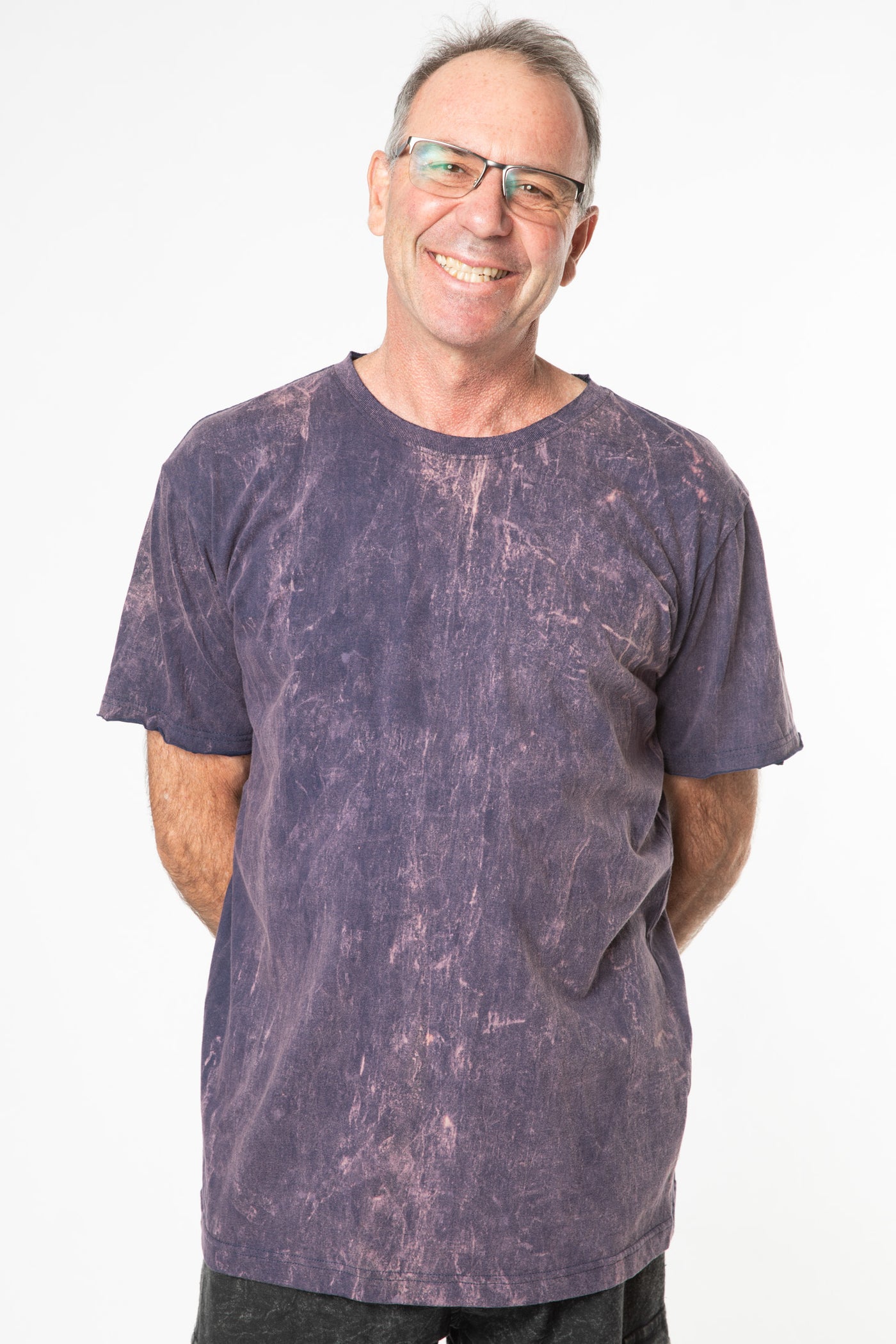 Ross is wearing size L stonewash t shirt in purple 