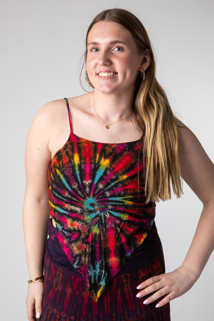 Skye is wearing a tie dye handkerchief top in black rainbow