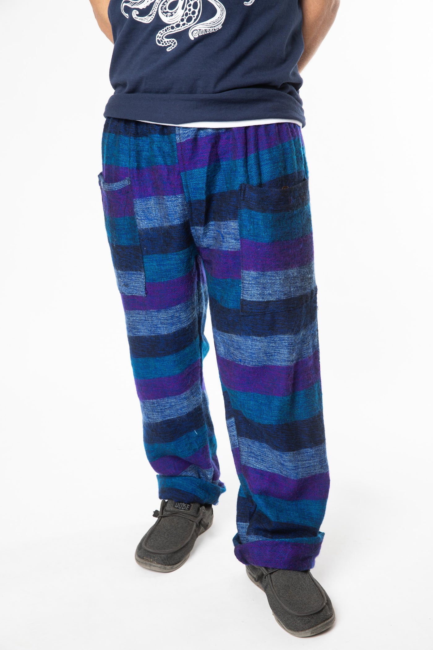Harvey is wearing size M blanket pants in purple
