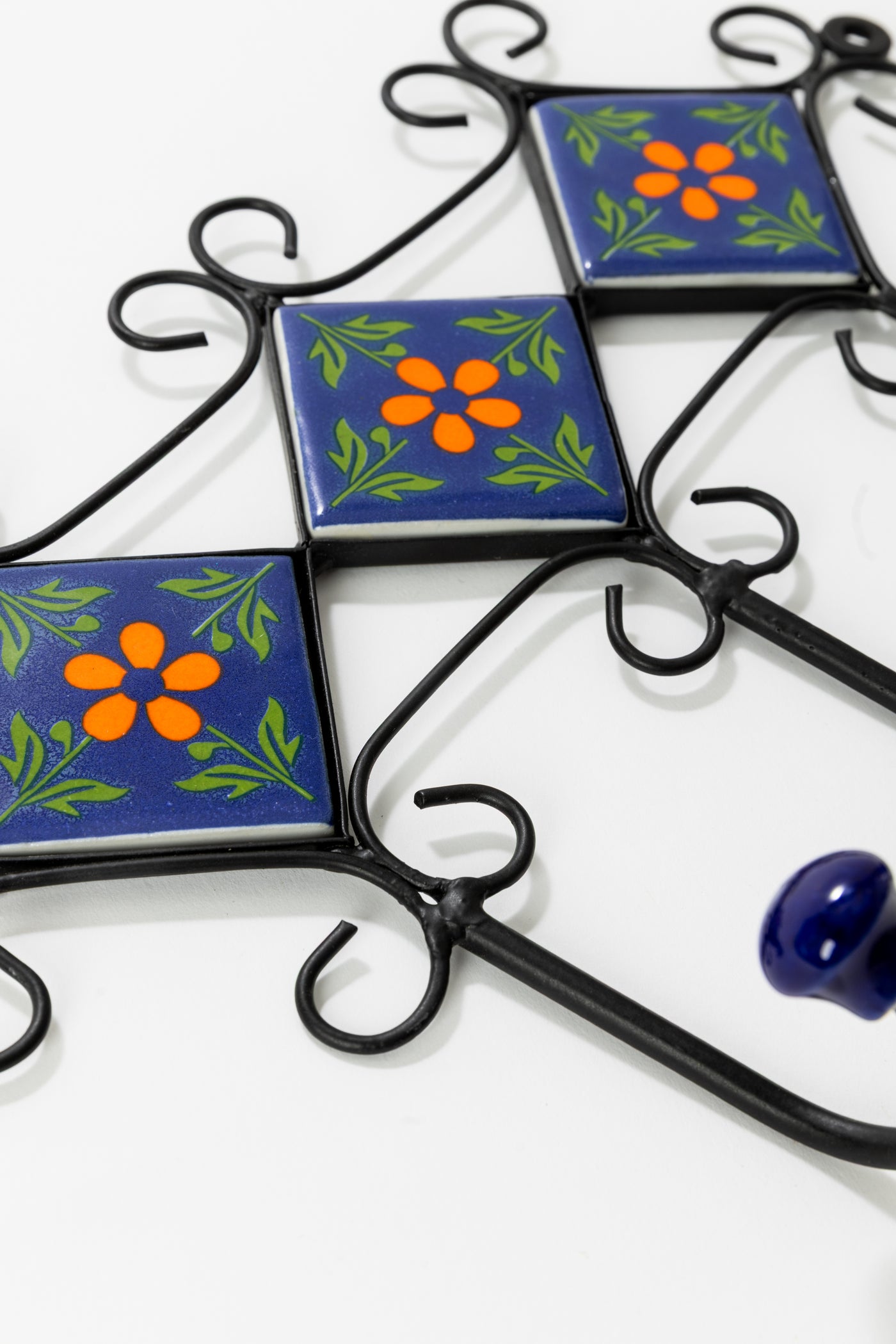 Forest Green Floral Ceramic Tile Hook Rack