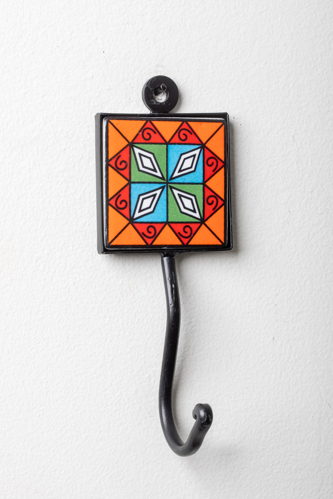 2x2 ceramic tile hook in orange geometric floral