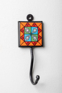 2x2 ceramic tile hook in orange geometric floral