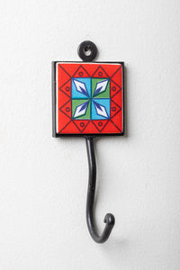 2x2 ceramic tile hook in red geometric floral