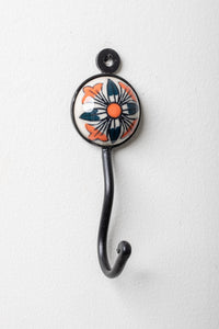 Round ceramic tile hook in white floral
