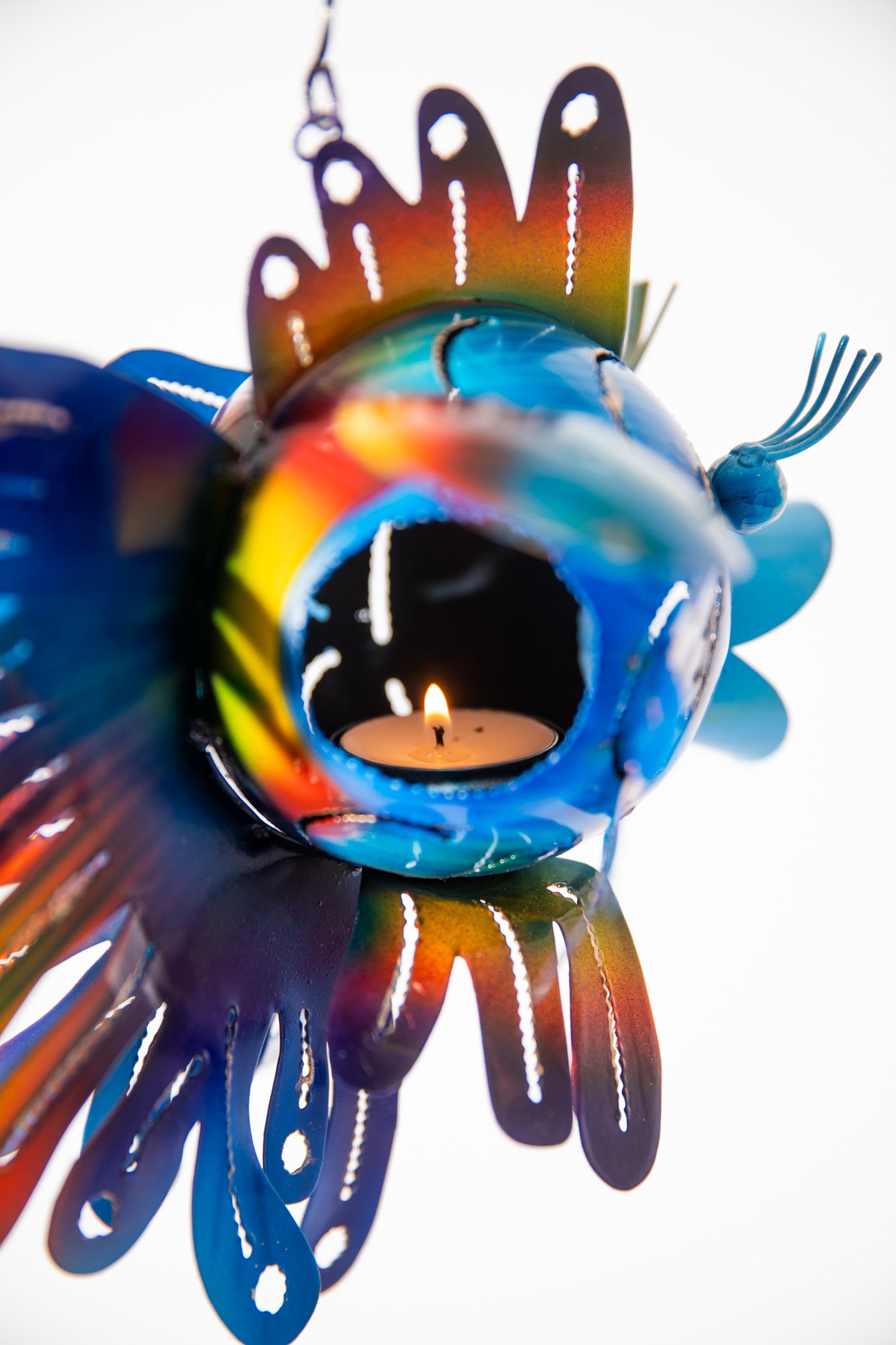 Pufferfish painted tin lantern in blue