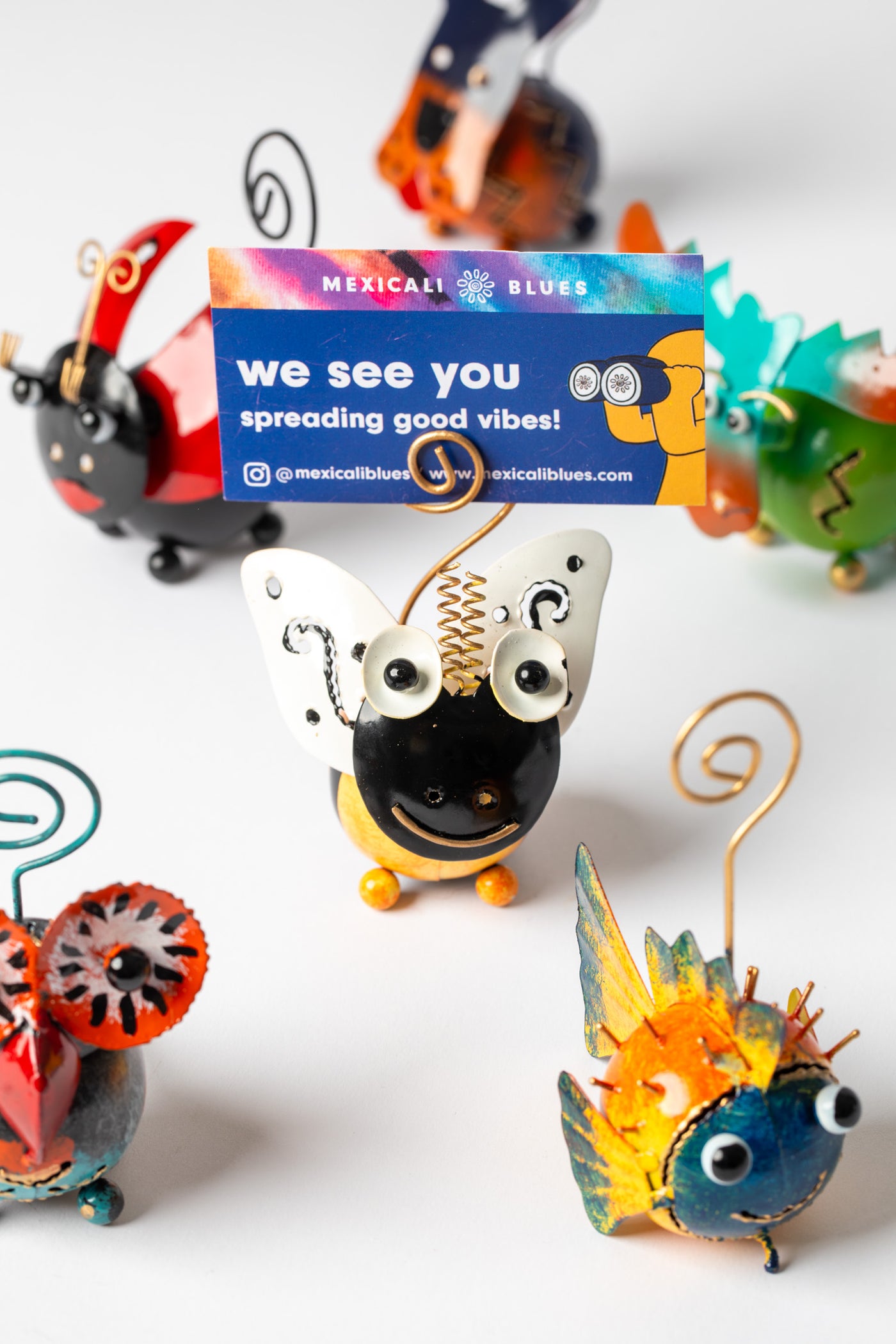 Painted tin animal card holders in bumblebee, fish, and owl, ladybug, moose, and dog