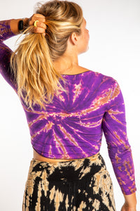 Sophie wearing a S/M tie dye long sleeve shirt in Purple