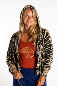 Sophie wearing a S/M black tie dye cropped hoodie in Black and White