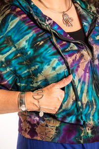Susan wearing a M/L blue tie dye cropped hoodie in Ocean