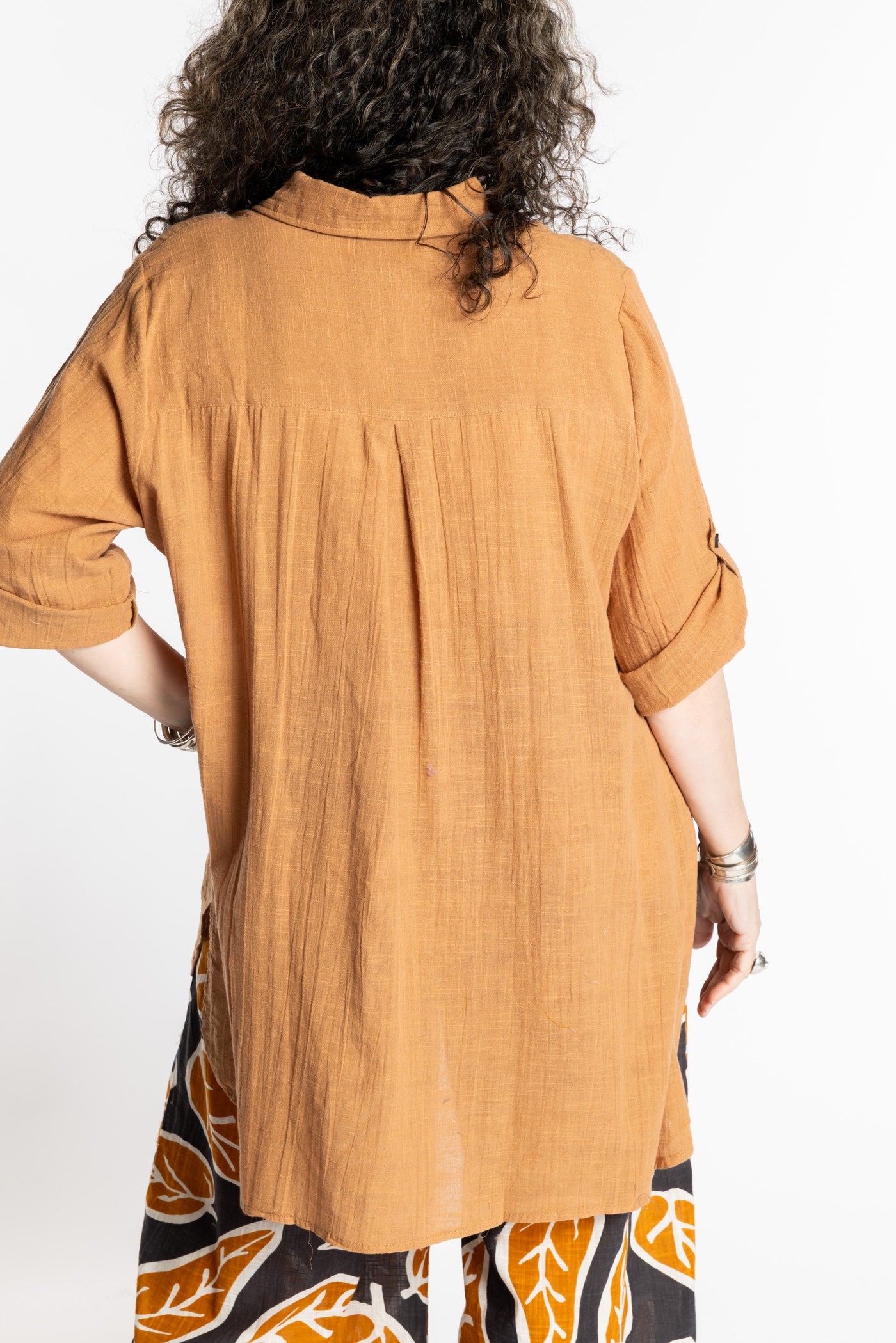 Susan is wearing the brown Long Boho Cotton Tunic