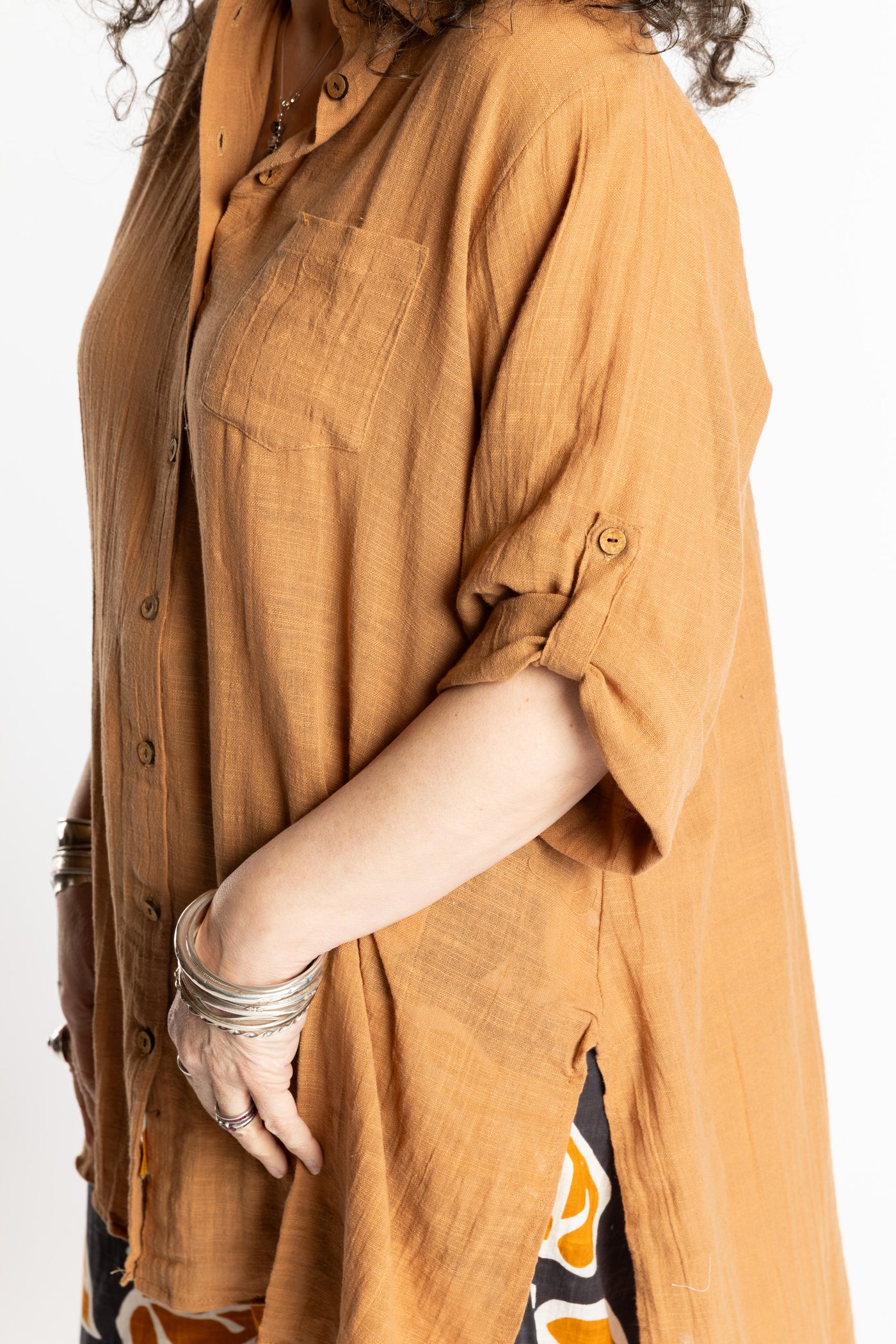 Susan is wearing the brown Long Boho Cotton Tunic