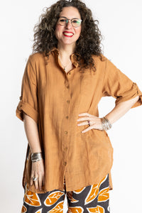 Susan is wearing the brown Long Boho Cotton Tunic